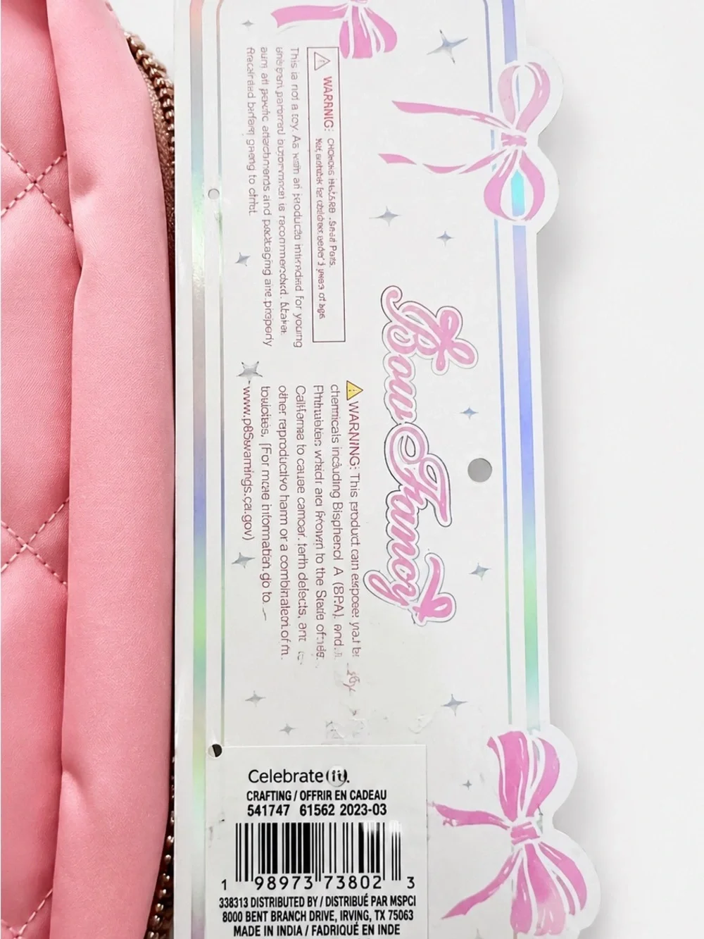 Bow Fancy Quilted Pink Cosmetic / Makeup Bag NWT